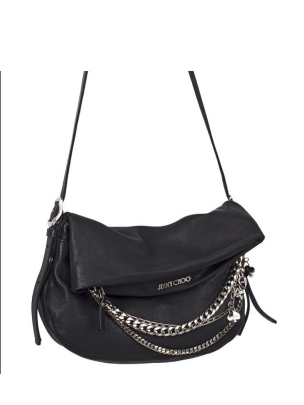 Jimmy Choo Black Leather Shoulder Bag with Silver Chain Trim
